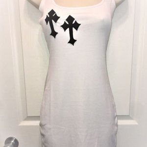 NEW White Tank Top Dress With Black Crosses Size Small Pullover Poly Spandex
